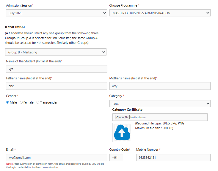 Online MBA Marketing Managment application form process step 1